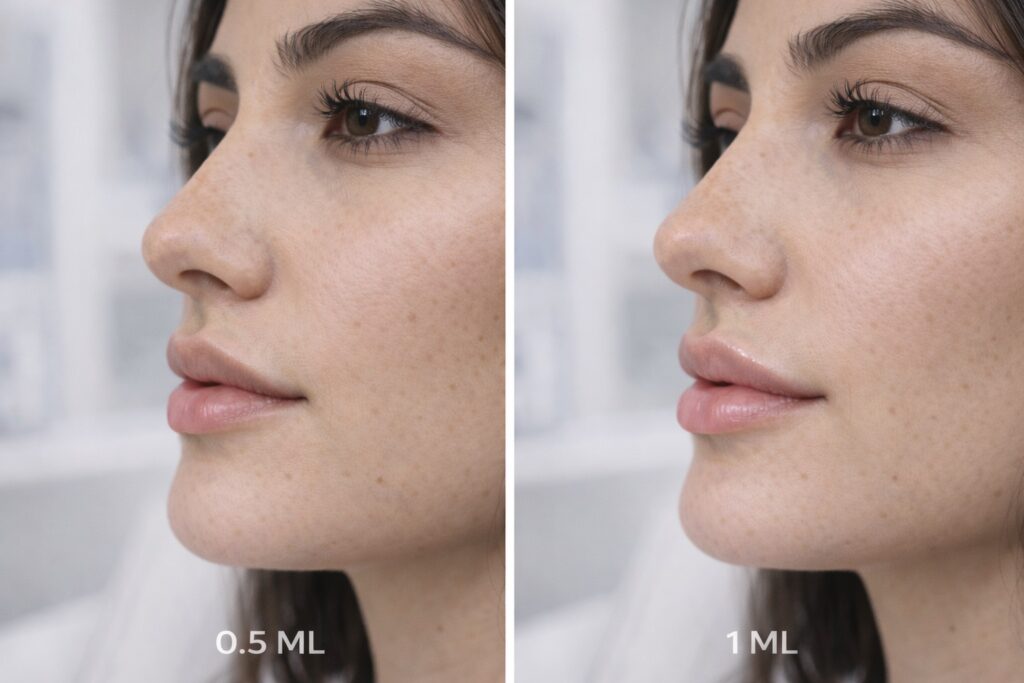 0.5 ml vs 1 ml lip filler comparison subtle vs full volume lips difference