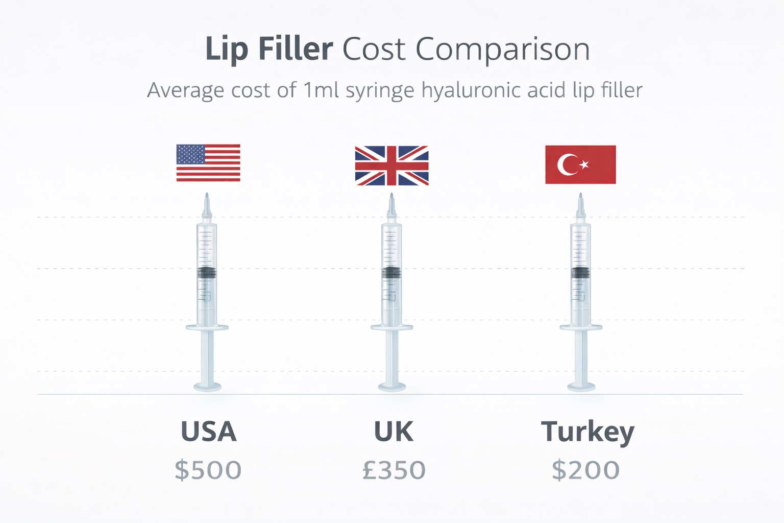 1 ml lip filler cost chart USA UK Turkey price comparison per syringe