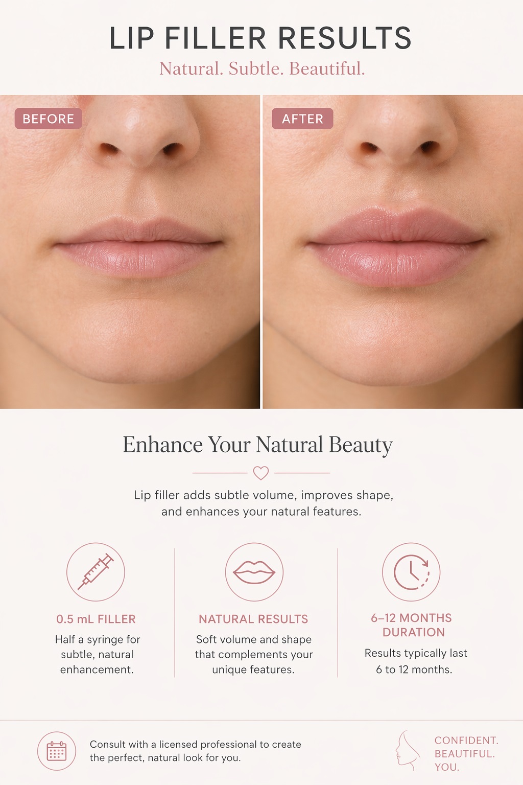 half syringe lip filler before and after natural results