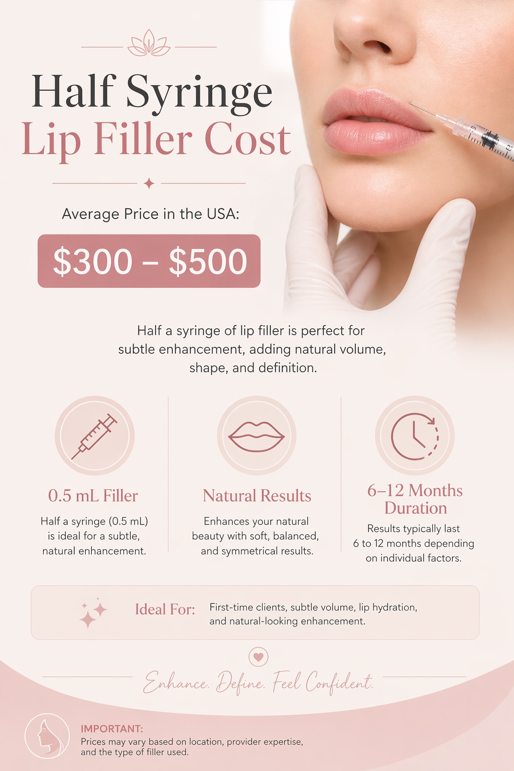 half syringe lip filler cost infographic showing average price 300 to 500 dollars in the USA