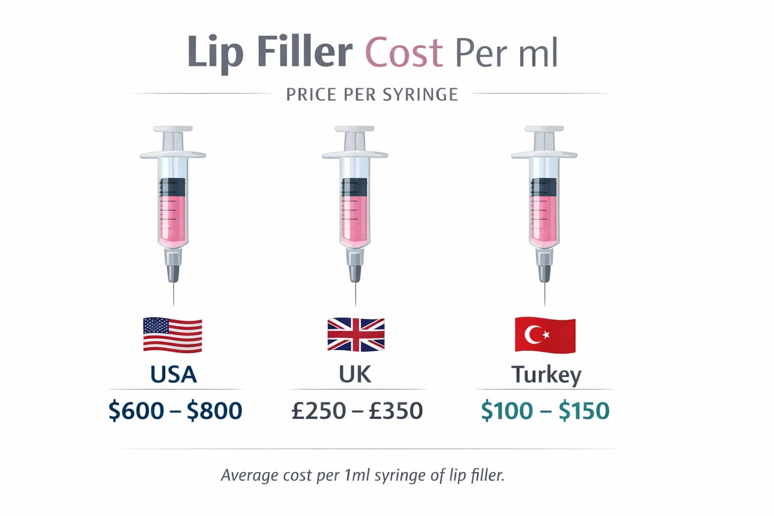lip filler cost per ml chart price comparison per syringe USA UK Turkey