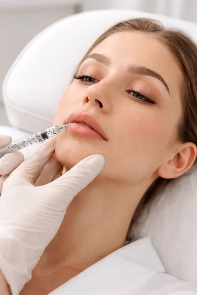 lip filler injection procedure close up during professional treatment