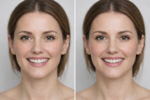 lip flip before and after smile comparison showing reduced gummy smile and natural upper lip enhancement