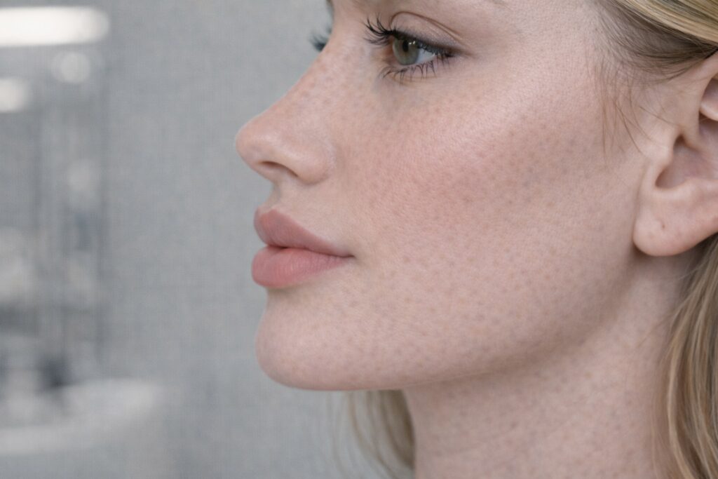 russian lip filler side profile showing flat upper lip structure minimal projection and defined cupid bow natural aesthetic result