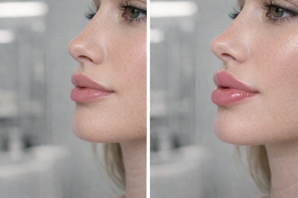 russian lip filler vs traditional lip filler side profile comparison same woman