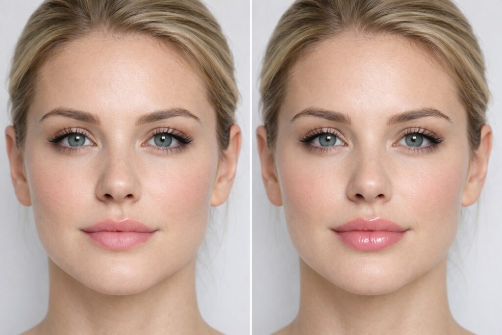 swedish lip filler before and after natural results subtle volume increase smooth projection lips comparison same woman