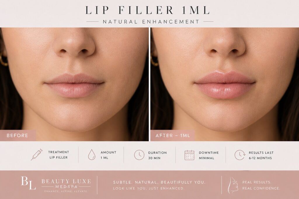 Natural 1 ml lip filler before and after results