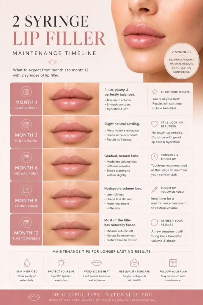 2 syringes lip filler maintenance and fading timeline