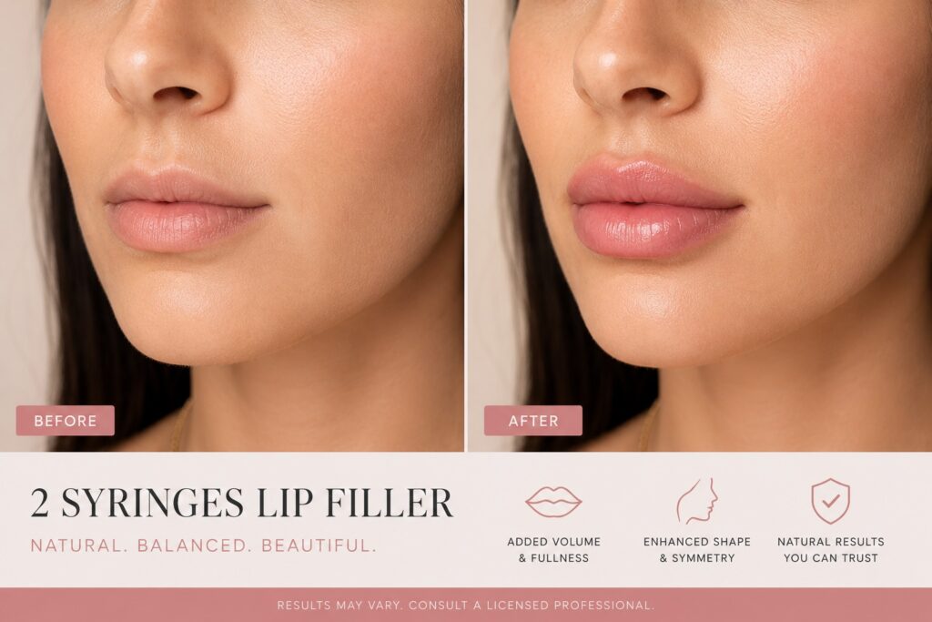 Before and after results of 2 syringes of lip filler