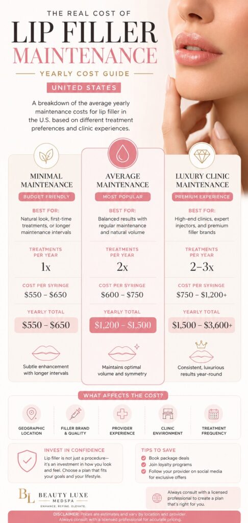 Annual lip filler maintenance cost infographic with yearly treatment pricing breakdown