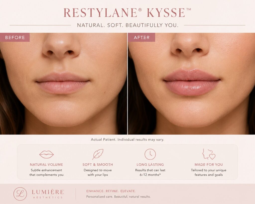Natural looking Restylane Kysse lip filler before and after results