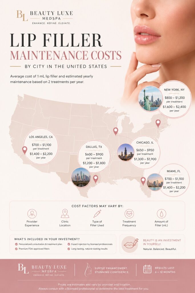 Lip filler maintenance costs by city in the United States infographic