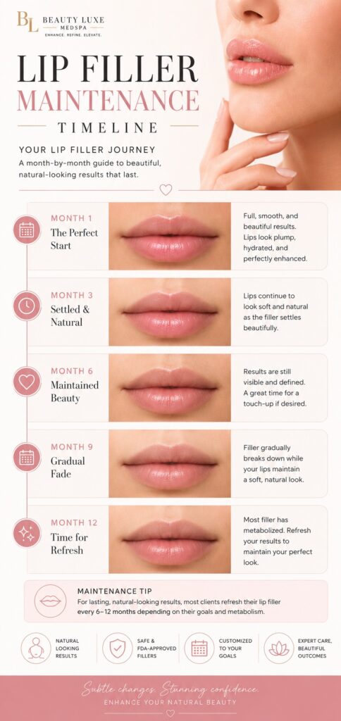Lip filler maintenance timeline showing filler results from month 1 to month 12