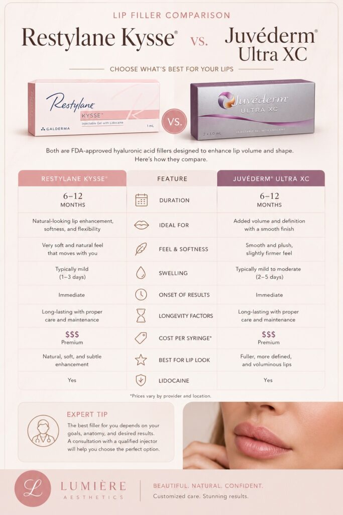 Lip Filler Restylane Kysse vs Juvederm Ultra XC comparison chart