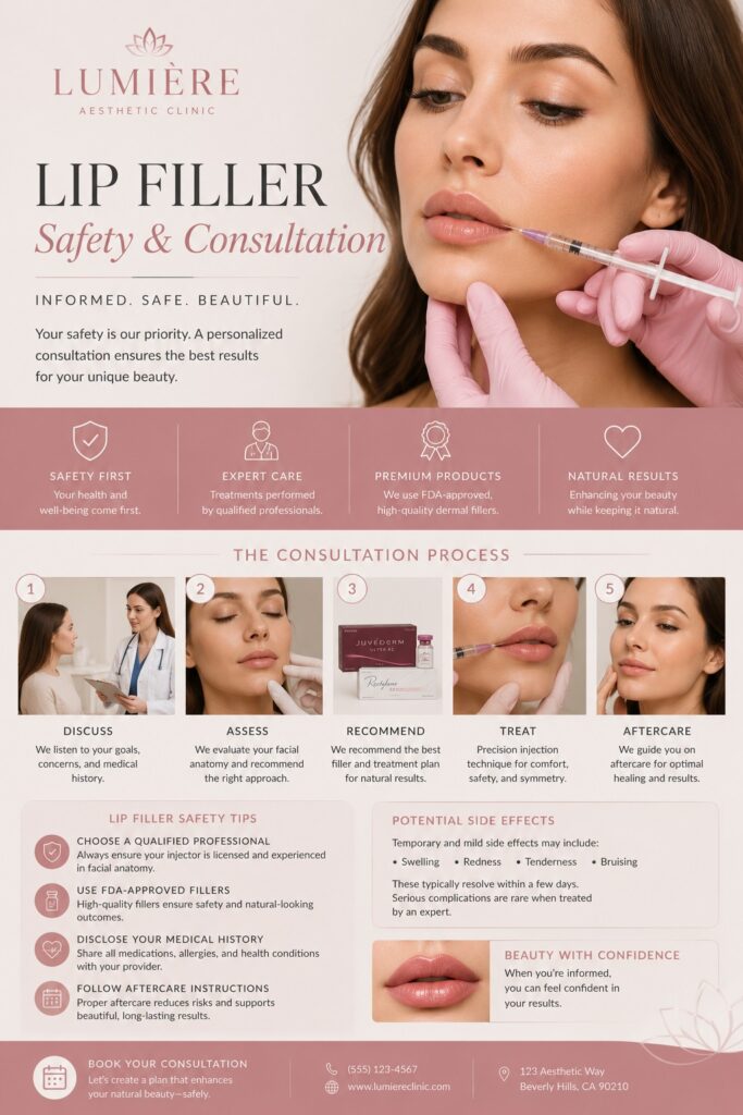 Lip filler consultation and safety guide infographic