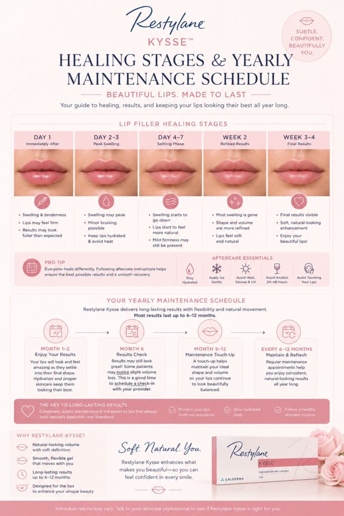 restylane kysse healing stages and yearly maintenance infographic