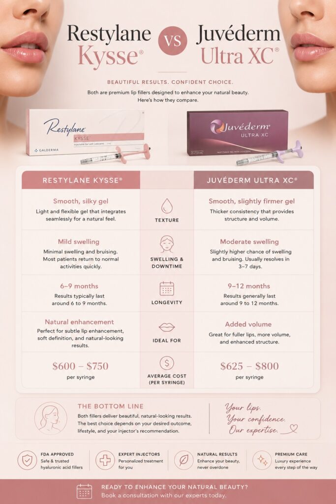 restylane kysse vs juvederm lip filler comparison chart for cost longevity and texture